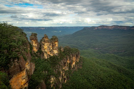 Stunning view of the Three Sisters rock formation in Blue Mountains National Park, Australia.