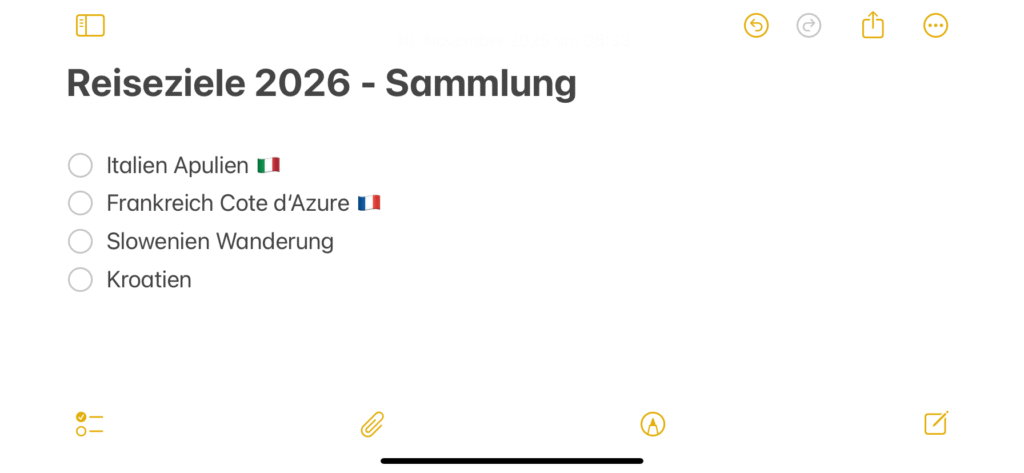 Notizen Screenshot - Brainstorming Reiseplanung